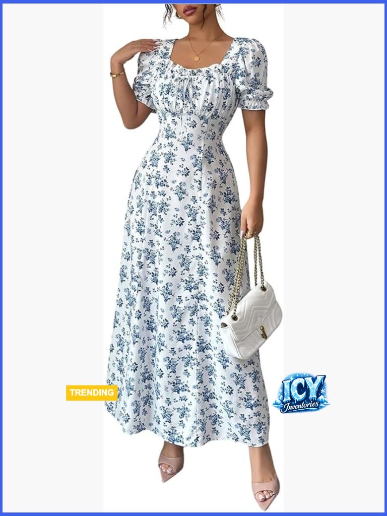 Floral Short Puff Sleeve Milkmaid Dress Boho A Line Long Dresses
